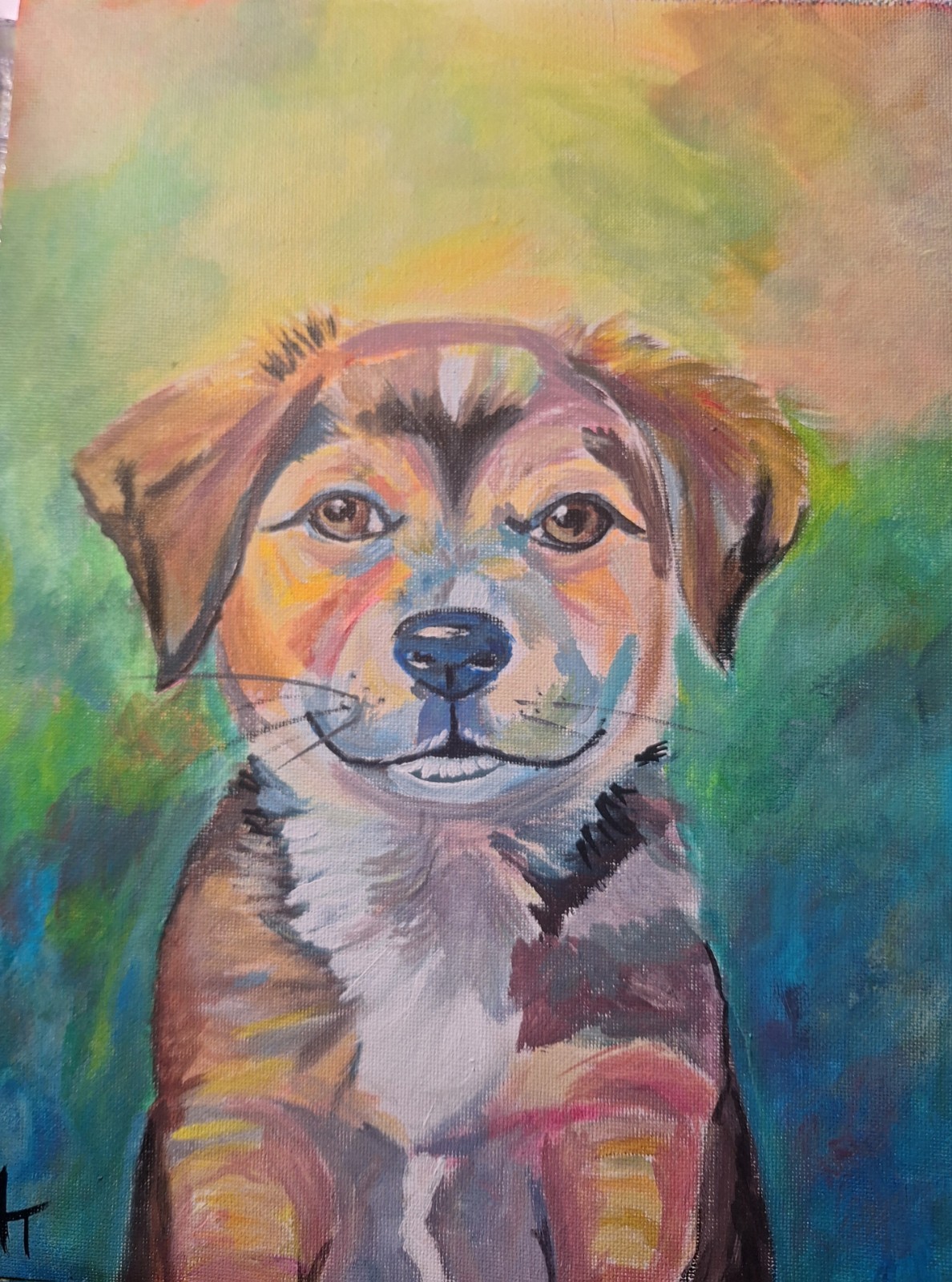 Original Impressionist Puppy Acrylic 9×12 Painting On Canvas Paper