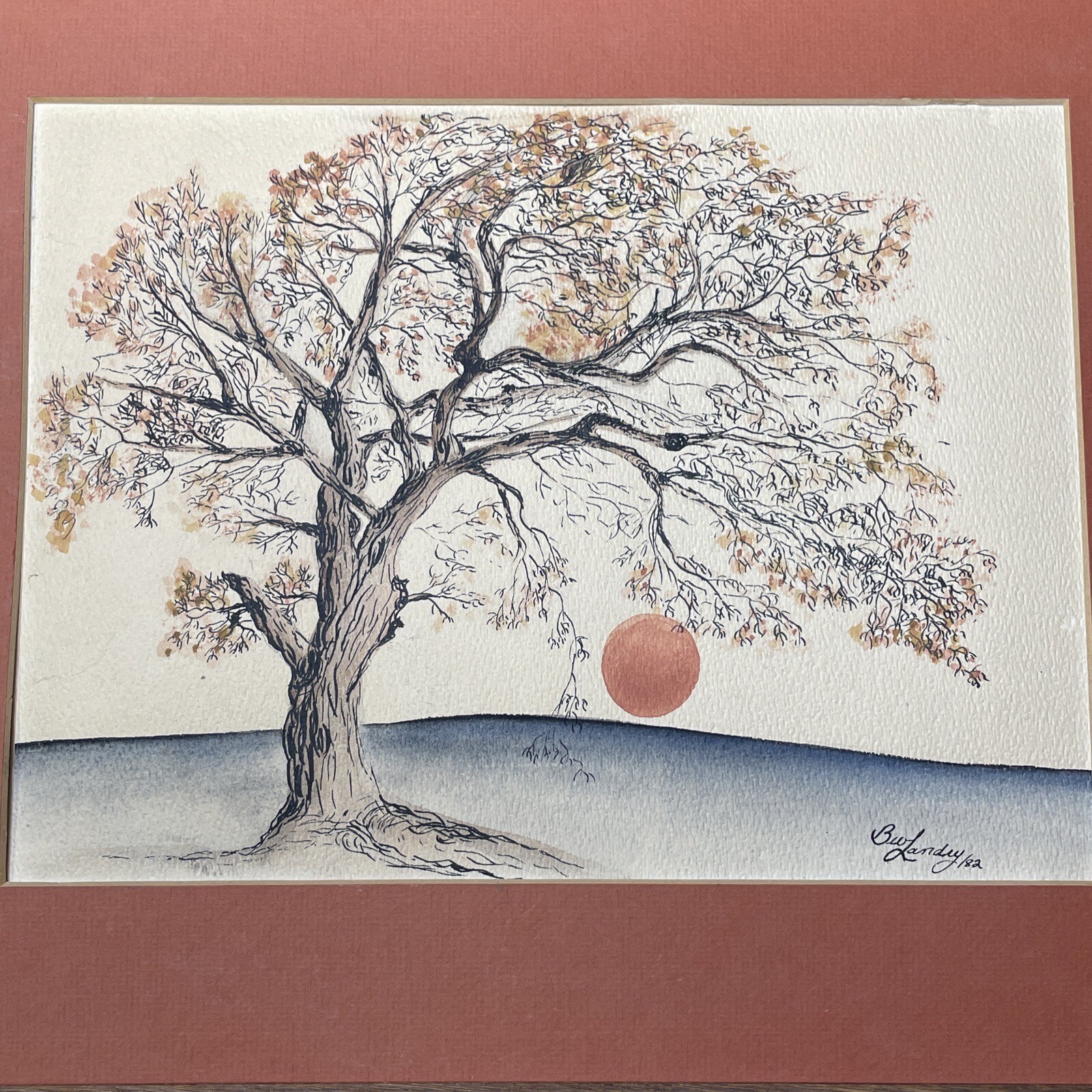 Beverly Landry «Elm Tree Harvest Moon» Original 1982 Watercolor Painting Signed