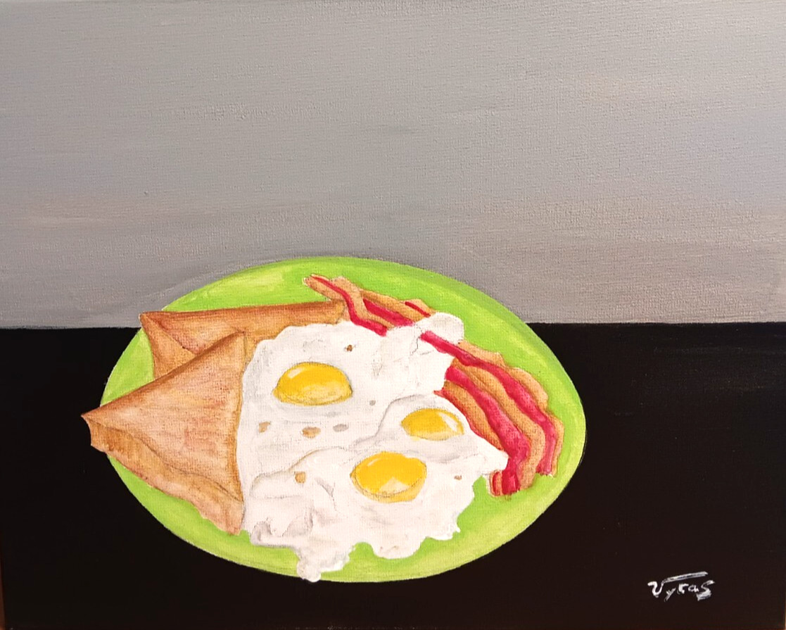 Bacon Eggs Original Acrylic Painting Canvas Signed PVytautas 20×16 in Breakfast