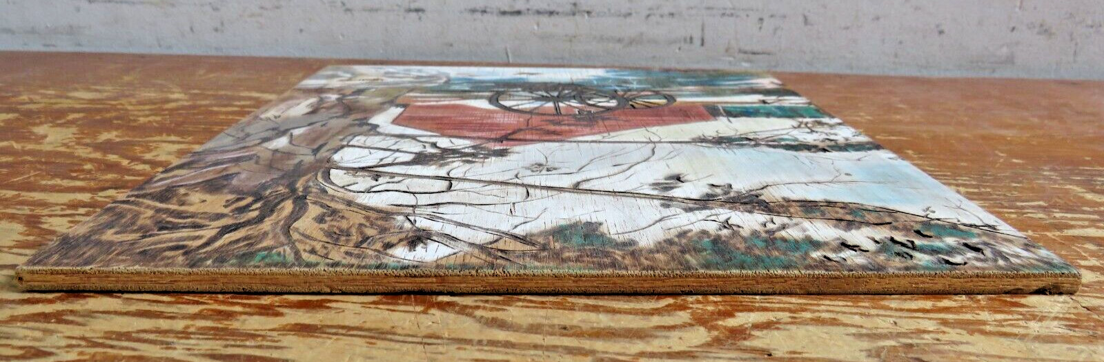 vtg Orignal Wood Burning painting Barn W/ Farm Landscape Rollins 11.25″x10″