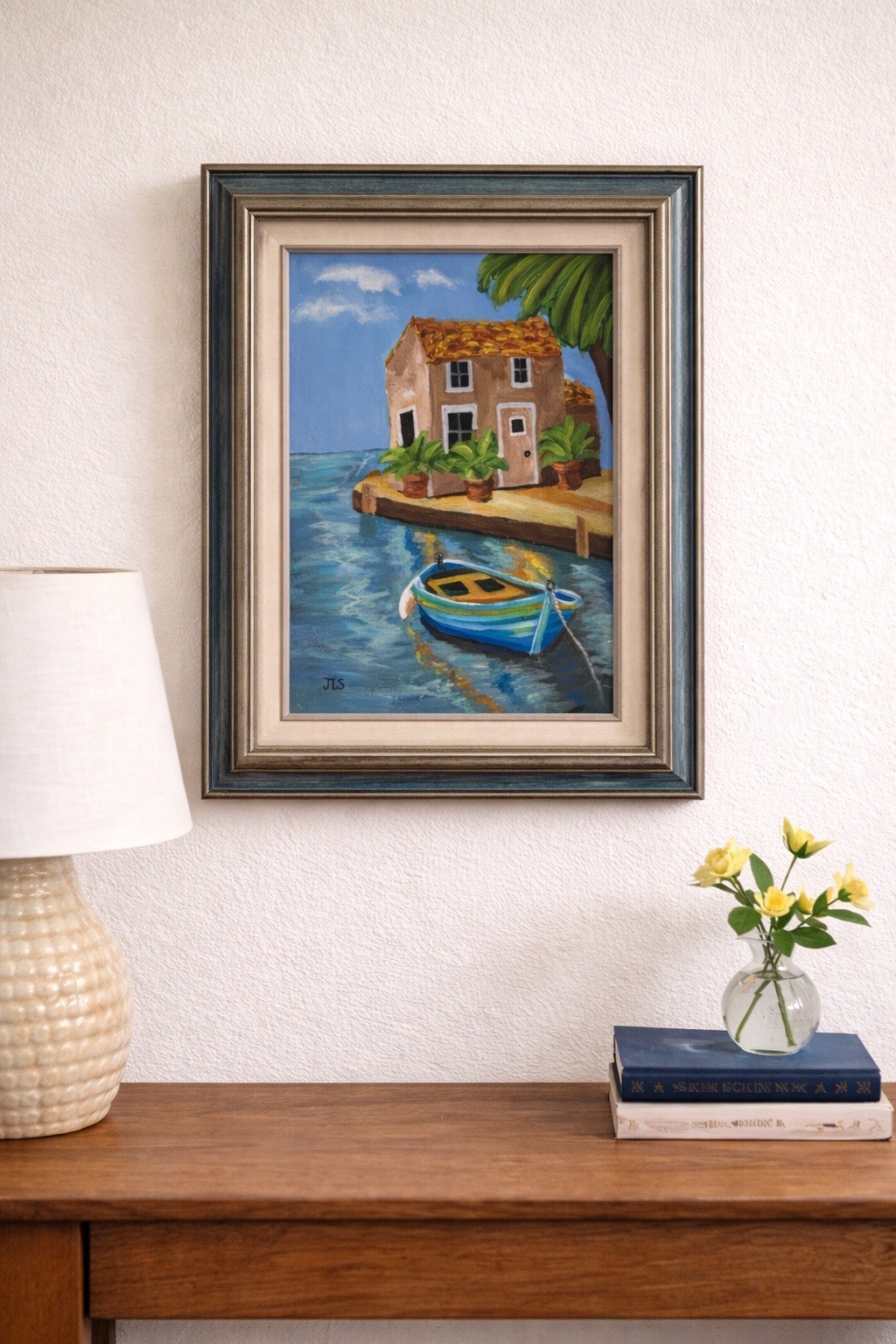 Coastal Boat Painting 11×14 Framed Acrylic Mediterranean Seascape