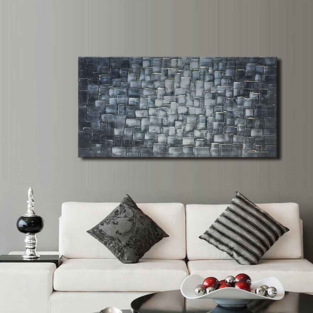 Textured Abstract Squares Canvas Wall Art Hand Painted Modern Silver Oil Pain…