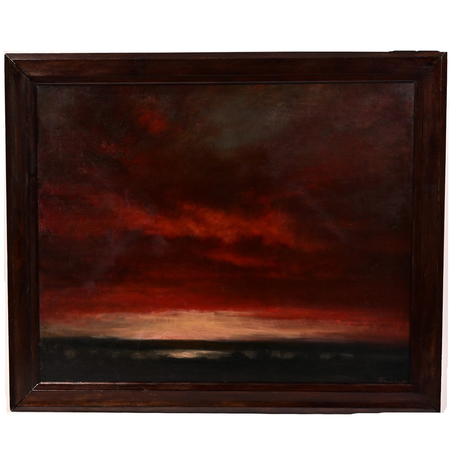 WALTER TEUNINK Original Vintage Signed Landscape Seascape Red Clouds Painting
