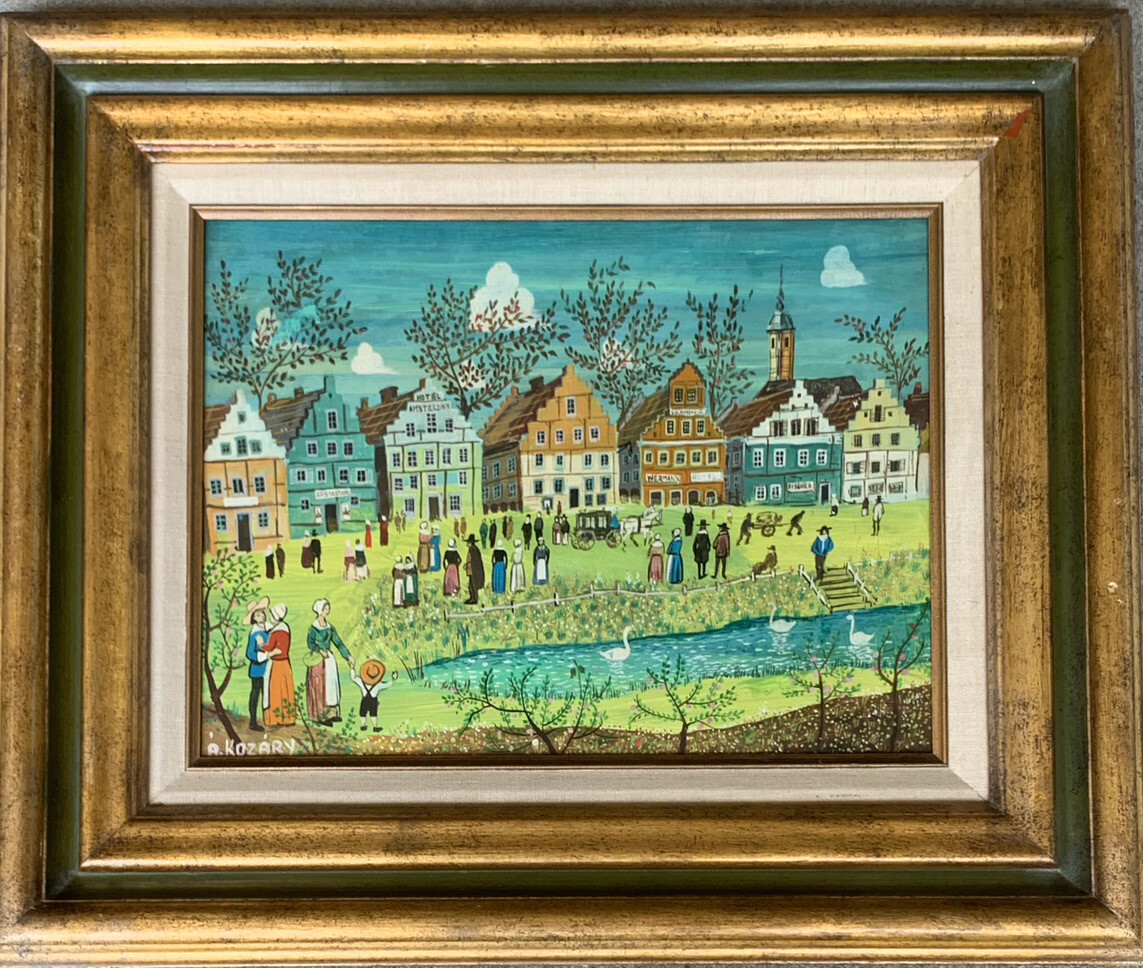 Original Hungarian Folk Art A. Kozary Signed Oil Painting On Wood Of Amsterdam
