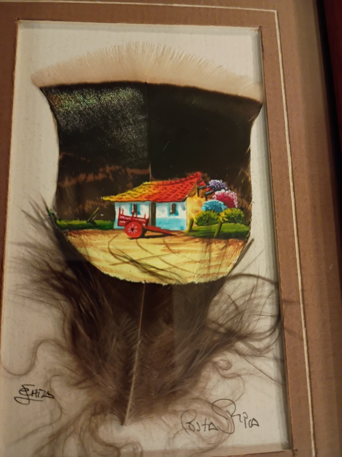 Vintage Costa Rica Feather Folk Art Hand Painted Mattted Framed 4.5in X 6 In