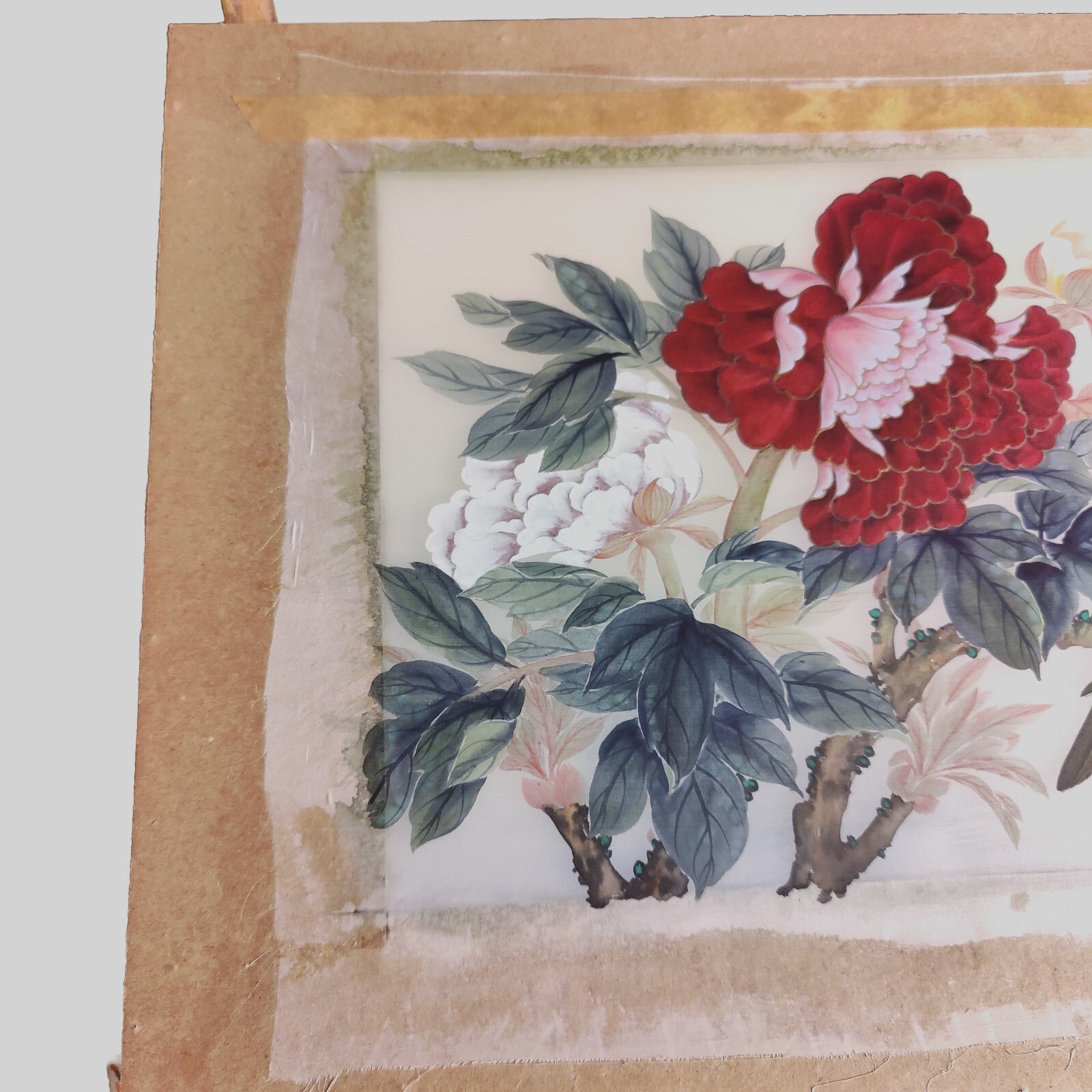 Silk Art Painting Bird Flower Branches Red Pink Gold Green Brown Frame Li Hong
