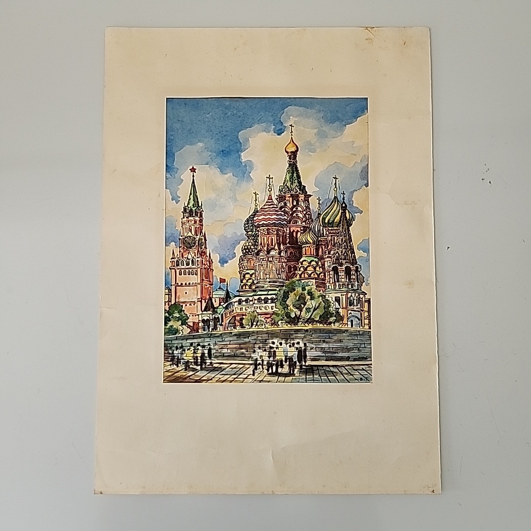 Russian Watercolor St Basil’s Cathedral And Kremlin on the Red Square 10.25×7.5