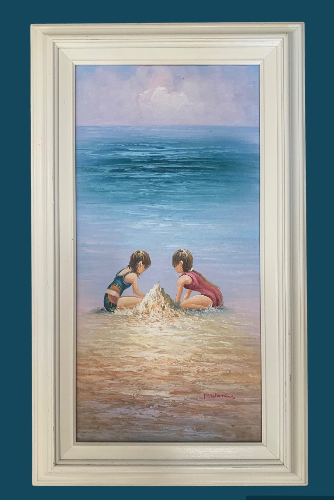 Beach Ocean Original Oil On Canvas Signed P Watkins Framed Art 2 Girls Play Sand