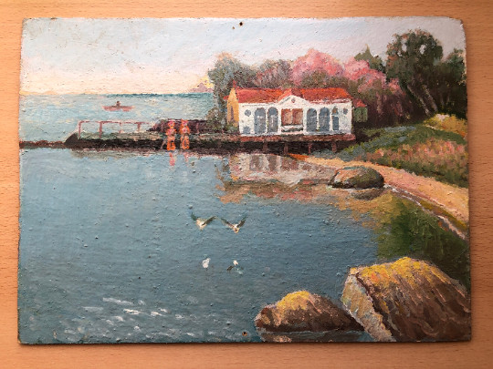 1980 VTG ORIGINAL Oil Painting Naive Impressionist Sea Landscape Marina Fine art