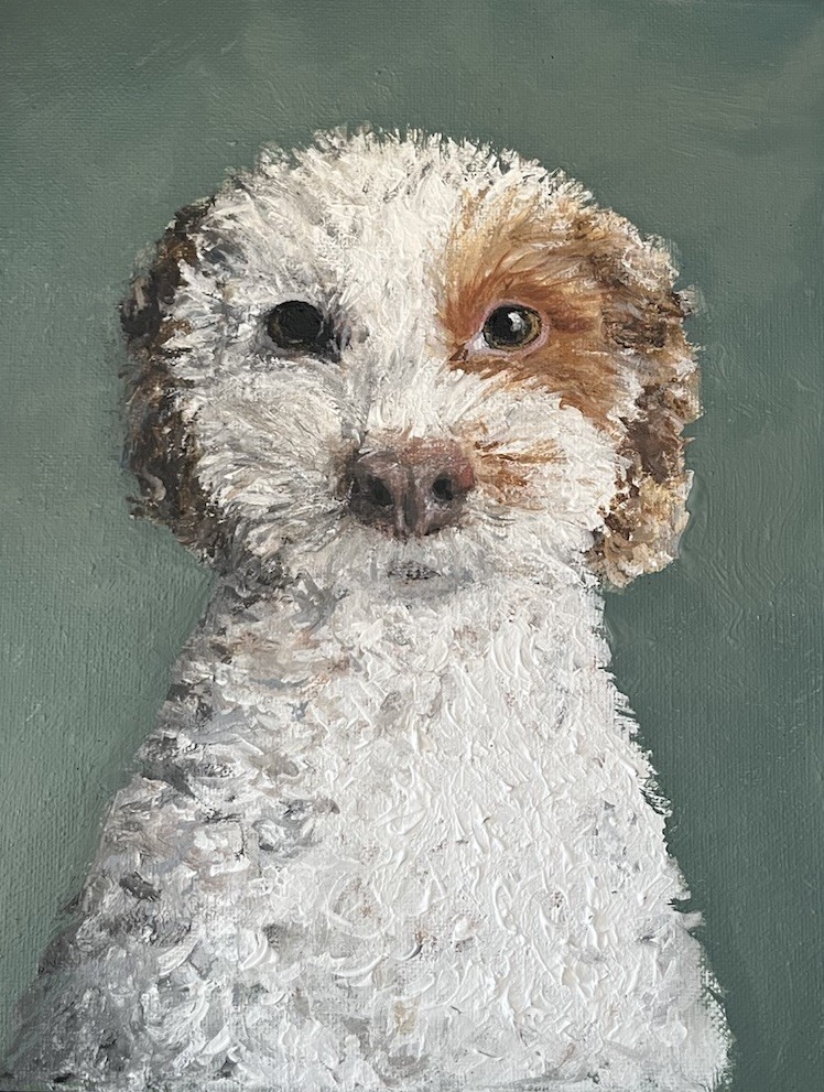 ACEO PRINT Miss Curly Girl Puppy portrait White Dog Mixedmedia Painting 3.5×2.5