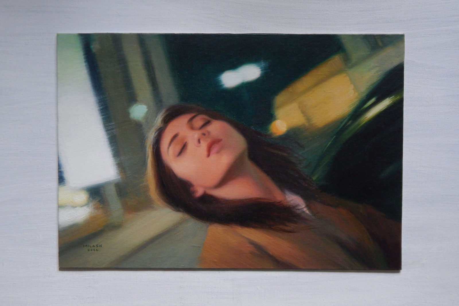 Original Oil Painting 16×11″ Girl in Car Night Wind 2026 Signed