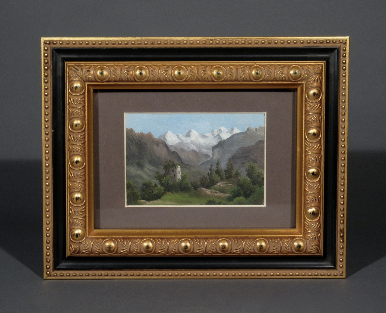 Antique German Romanticism Landscape, Ruins of a Castle in the Alps, Gouache