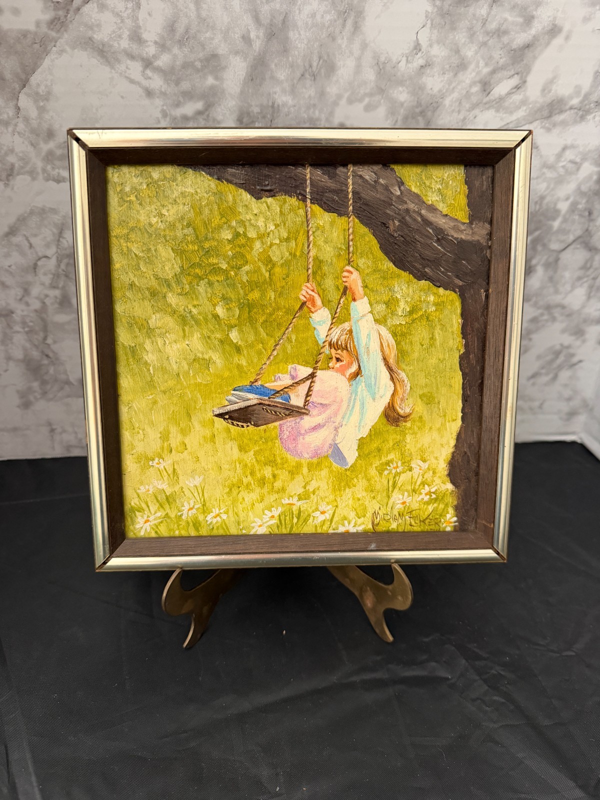 Vintage Miriam Ecker (b. 1926) Original Oil on Canvas – Girl On A Swing