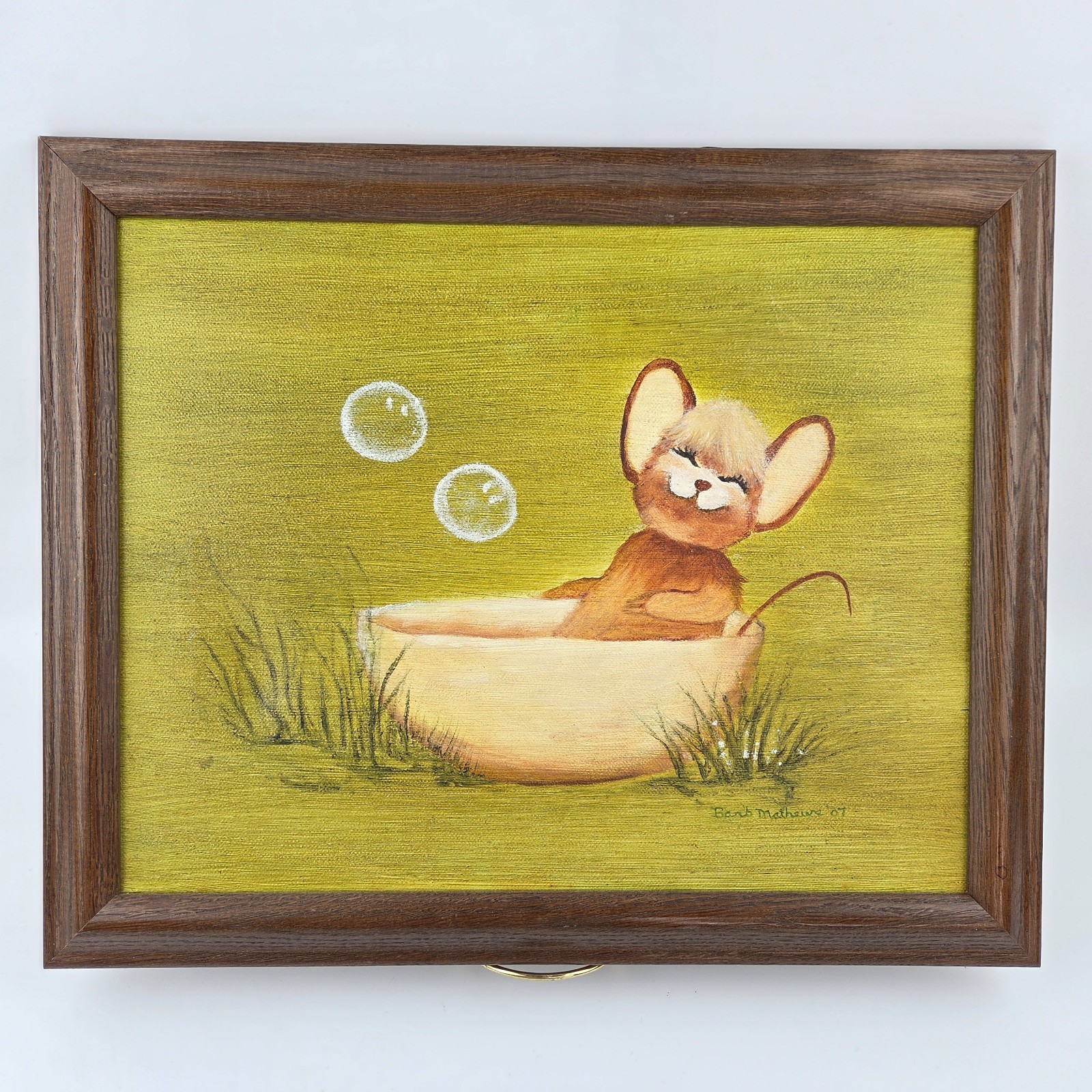 Framed Mouse Bath Painting Mid Century Style Signed 13×16″ Whimsical
