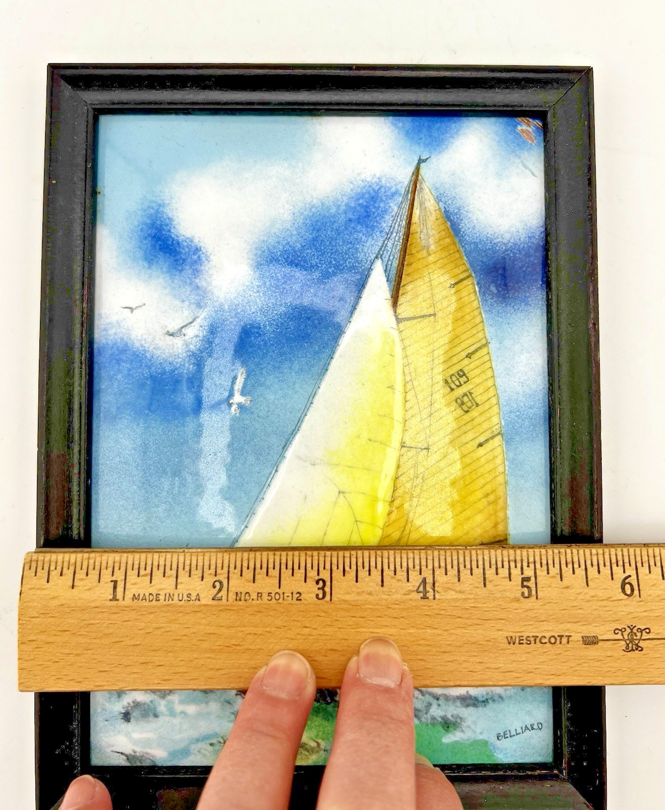 Daniel Belliard Enamel on Copper Small Framed Painting SAILBOAT Ruff Seas READ
