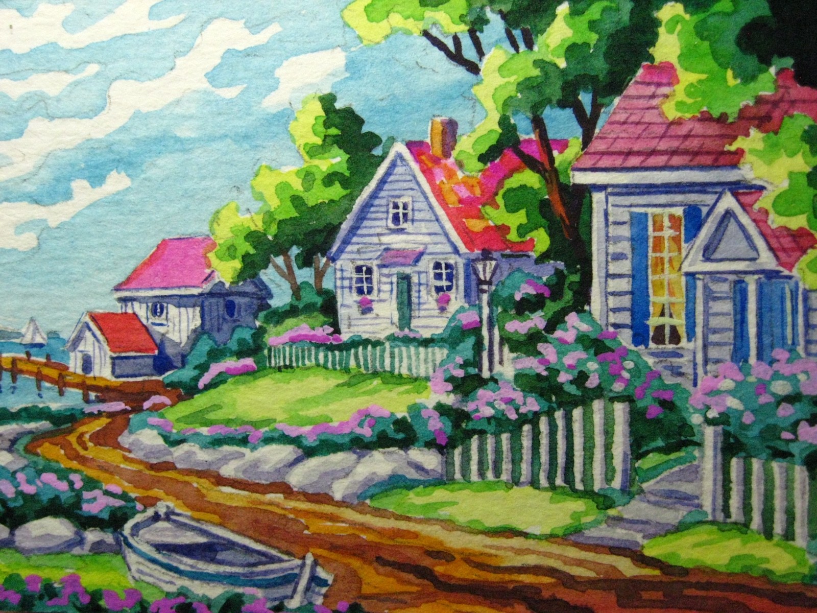 Watercolor Painting Country Ocean House Boat Flowers Nature ACEO Art