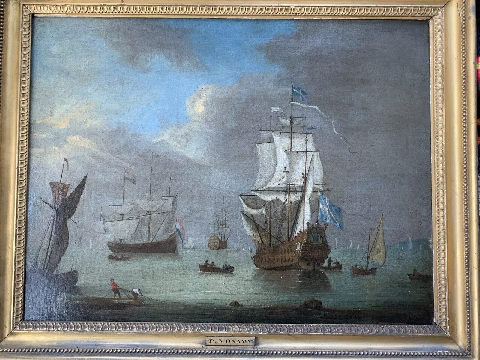 18th Century fleet at harbor marine painting Peter MONAMY frame