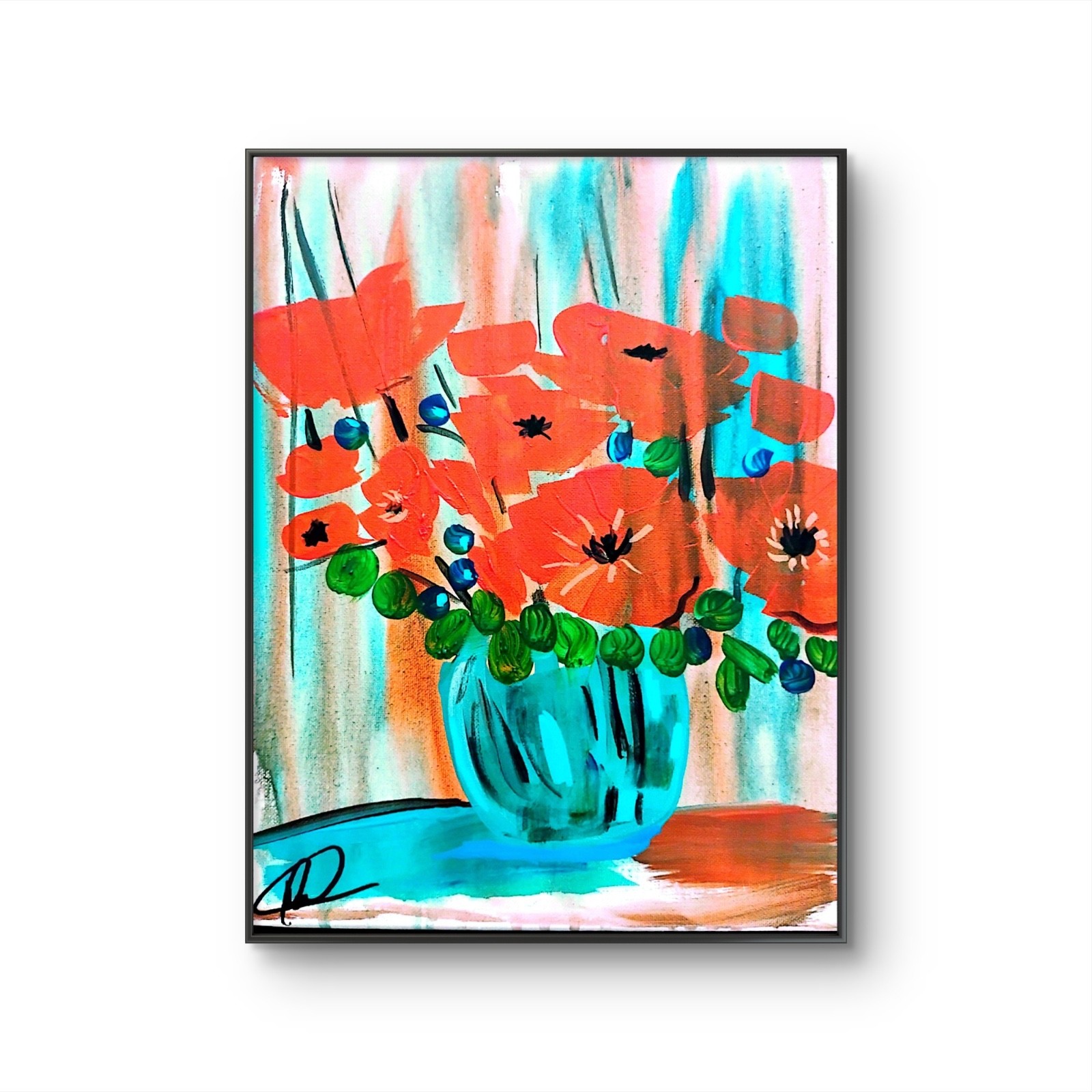 Original art 14 X 11 Roses Jar CANVAS Colorful Modern Art Acrylic Painting