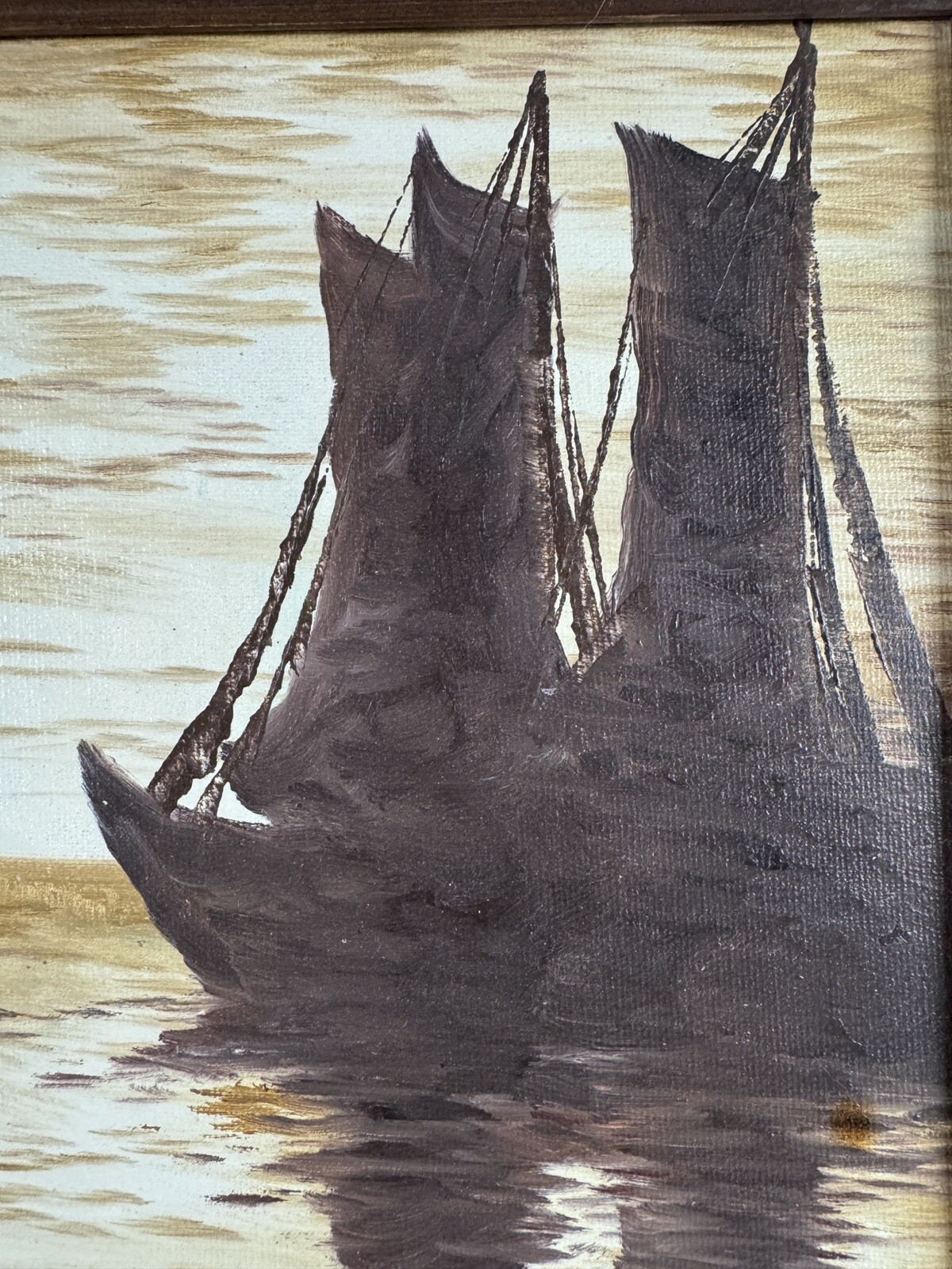 Signed Realist Impressionist Painting of Ships at Sea 15×17 Inches Framed Art