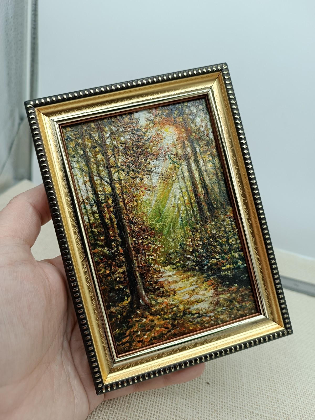 Forest Landscape Original Oil Painting 6×4 Framed Signed Autumn Woods Sunray Art