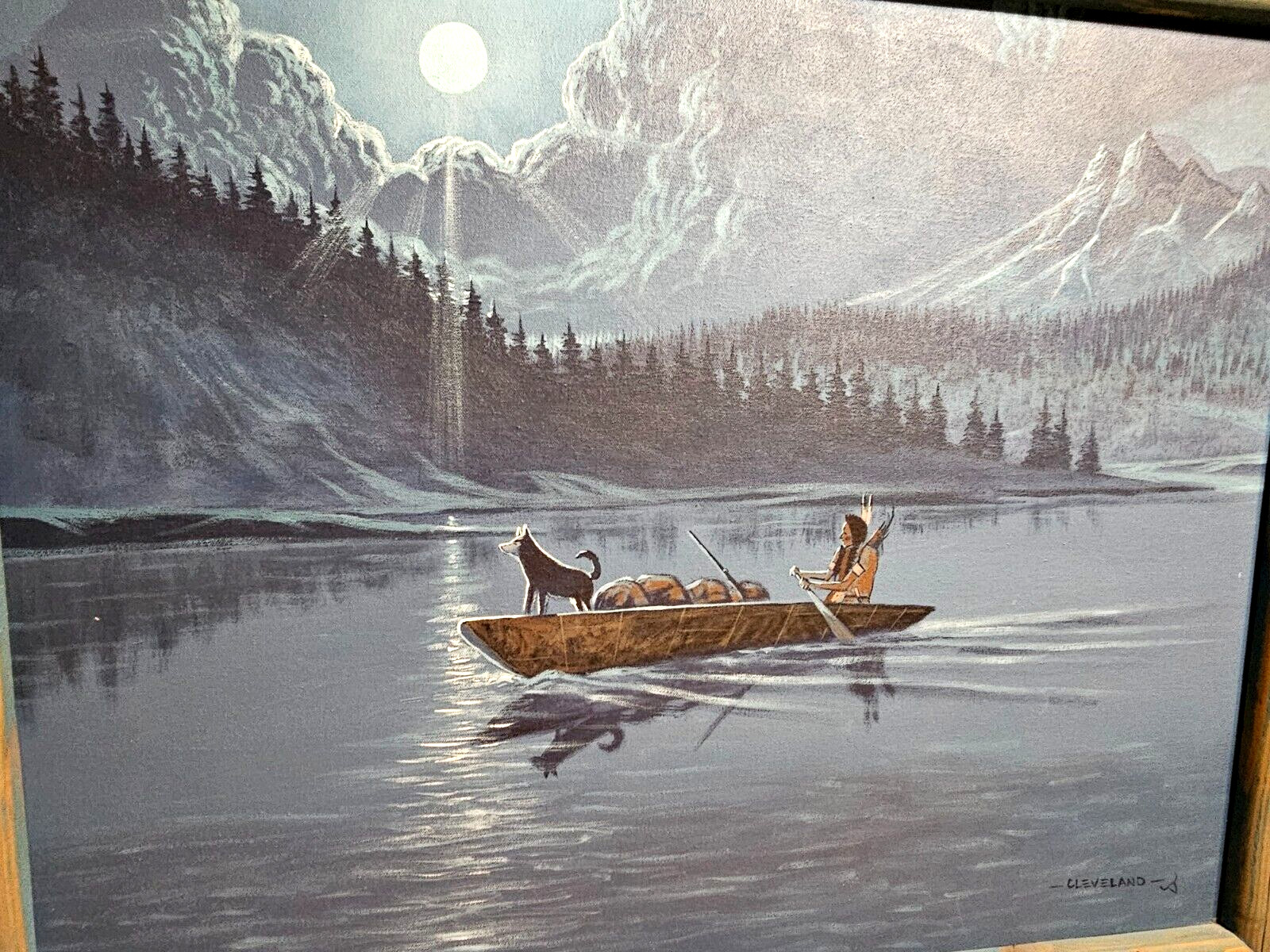 BEAUTIFUL Lrg O/C MOONSCAPE PAINTING MOUNTAIN LAKE NAVAJO ARTIST FRED CLEVELAND