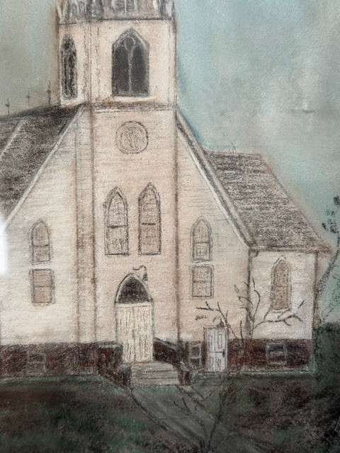 VINTAGE ORIGINAL PENCIL/CHALK FRAMED PAINTING WHITE STEEPLE CHURCH SCENE ARTWORK