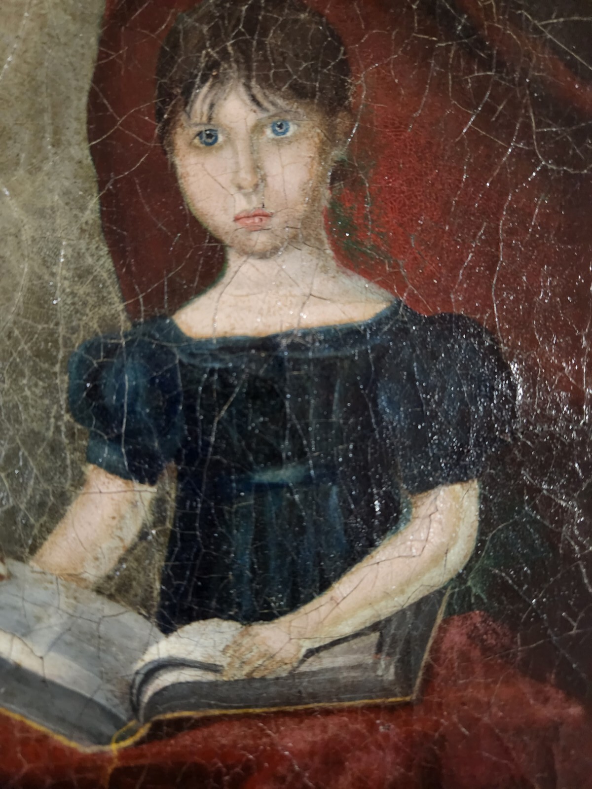 Oil on canvas of mother and daughter with books, American school c. 1815