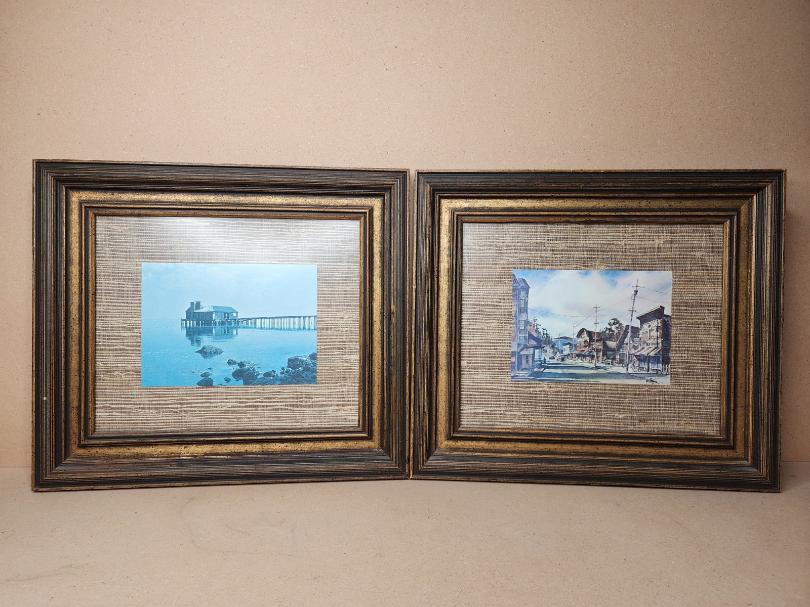 2 Small Card Pictures Framed Pier And Western Town 13″ X 15″ Burlap Wood Style