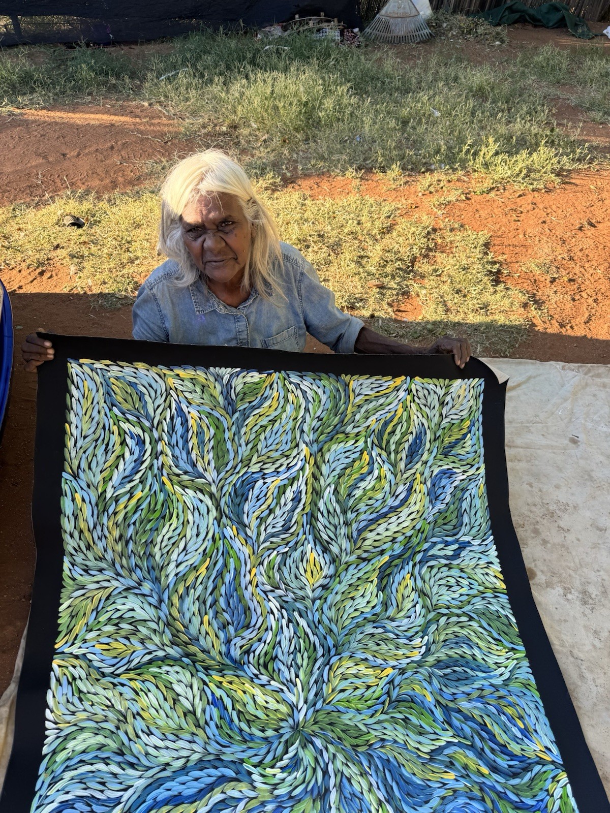 Rosemary Petyarre .Authentic Aboriginal Art. Bush yam flower, Size; 150 x 100cm