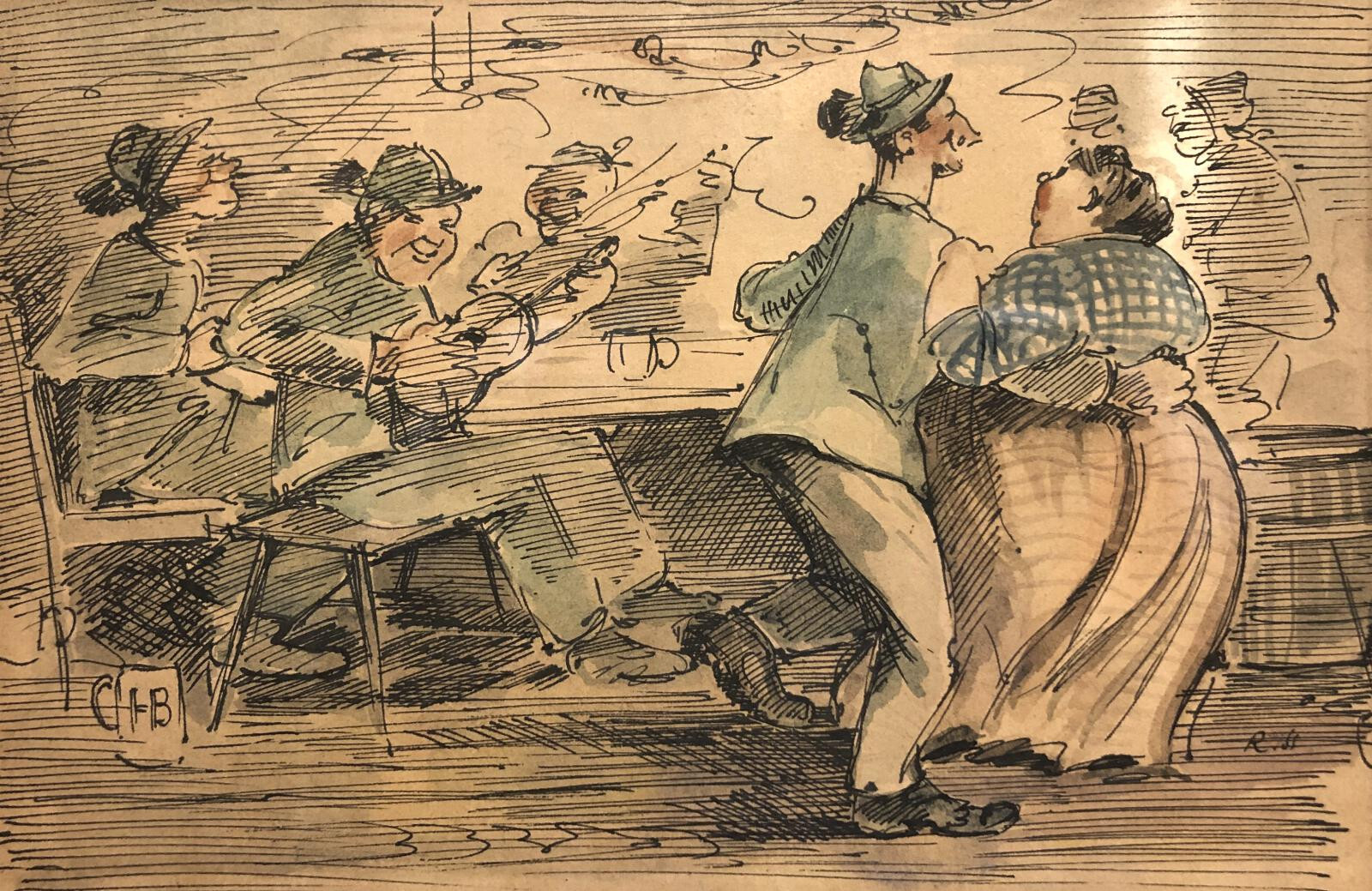 WATERCOLOR German ~ OKTOBERFEST BEER HALL ~ c1920s Drinking & Dancing BAR SCENE