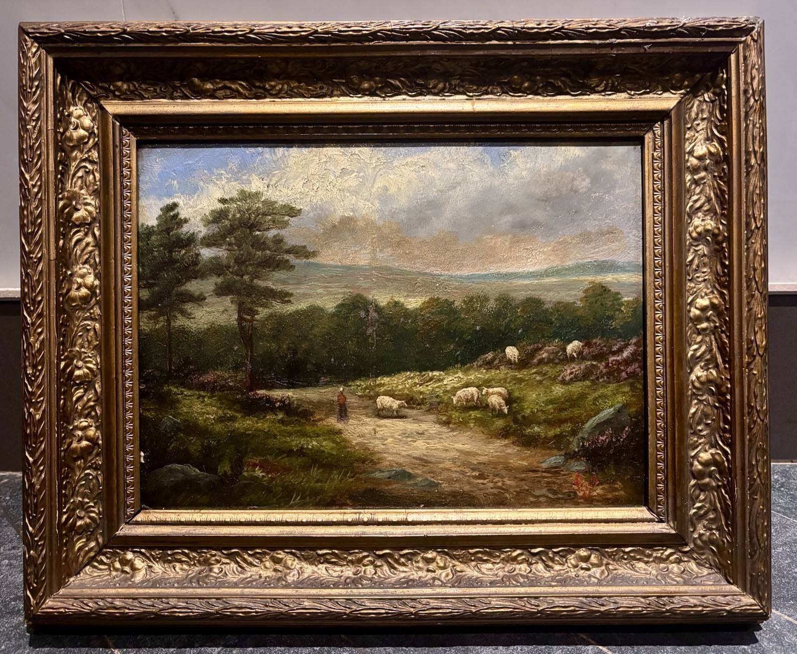 19th c. Barbizon School Oil on Board Pastoral Landscape with Sheep-Gilt Frame