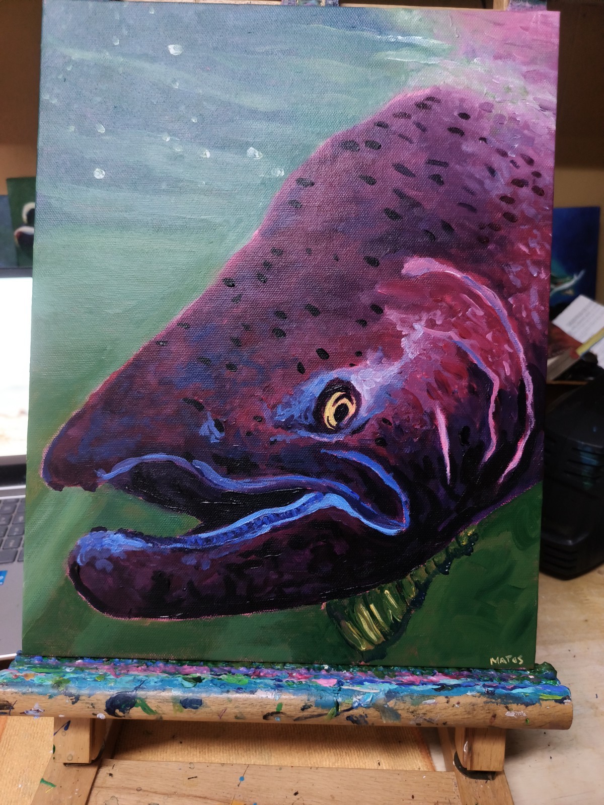 King Salmon, original painting 11×14 Hard Board Panel Canvas. Salmon Art