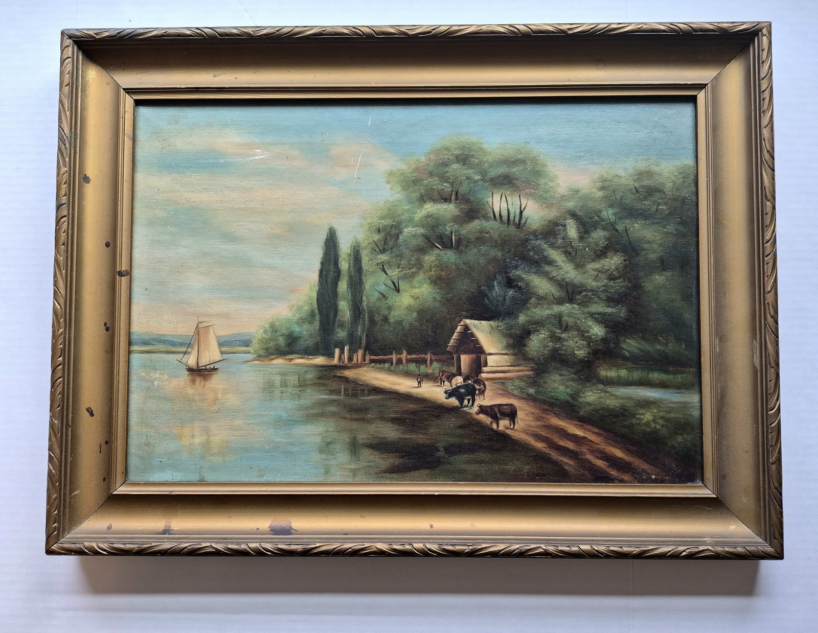 Vintage Oil on Canvas Landscape w/Water & Ship 27×20″