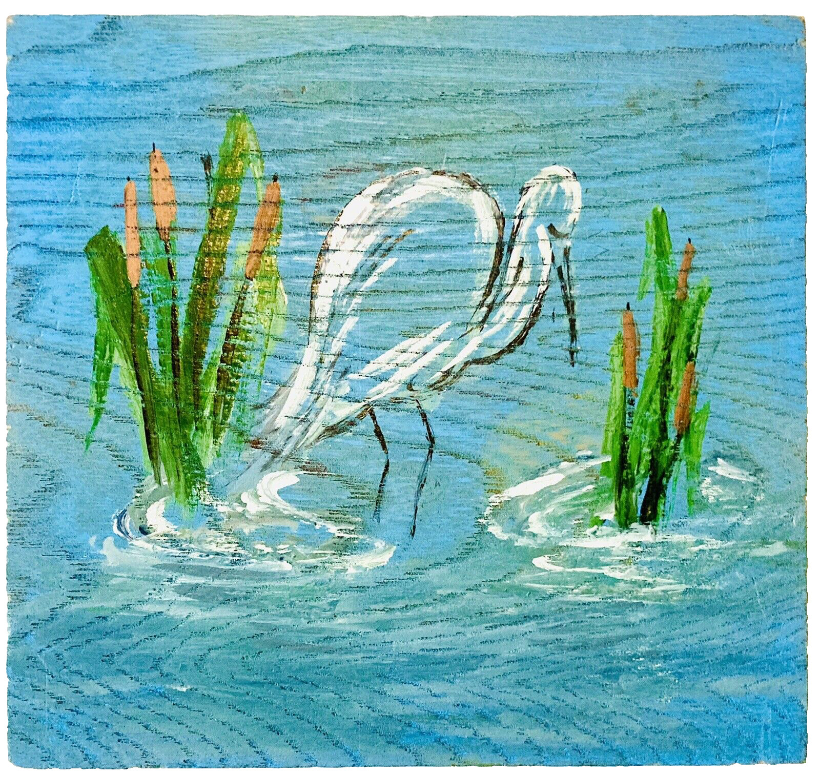 Egret Art 7×8″ Wood Lake Pond Punks Cattails Bulrush Water Birds Nature Water