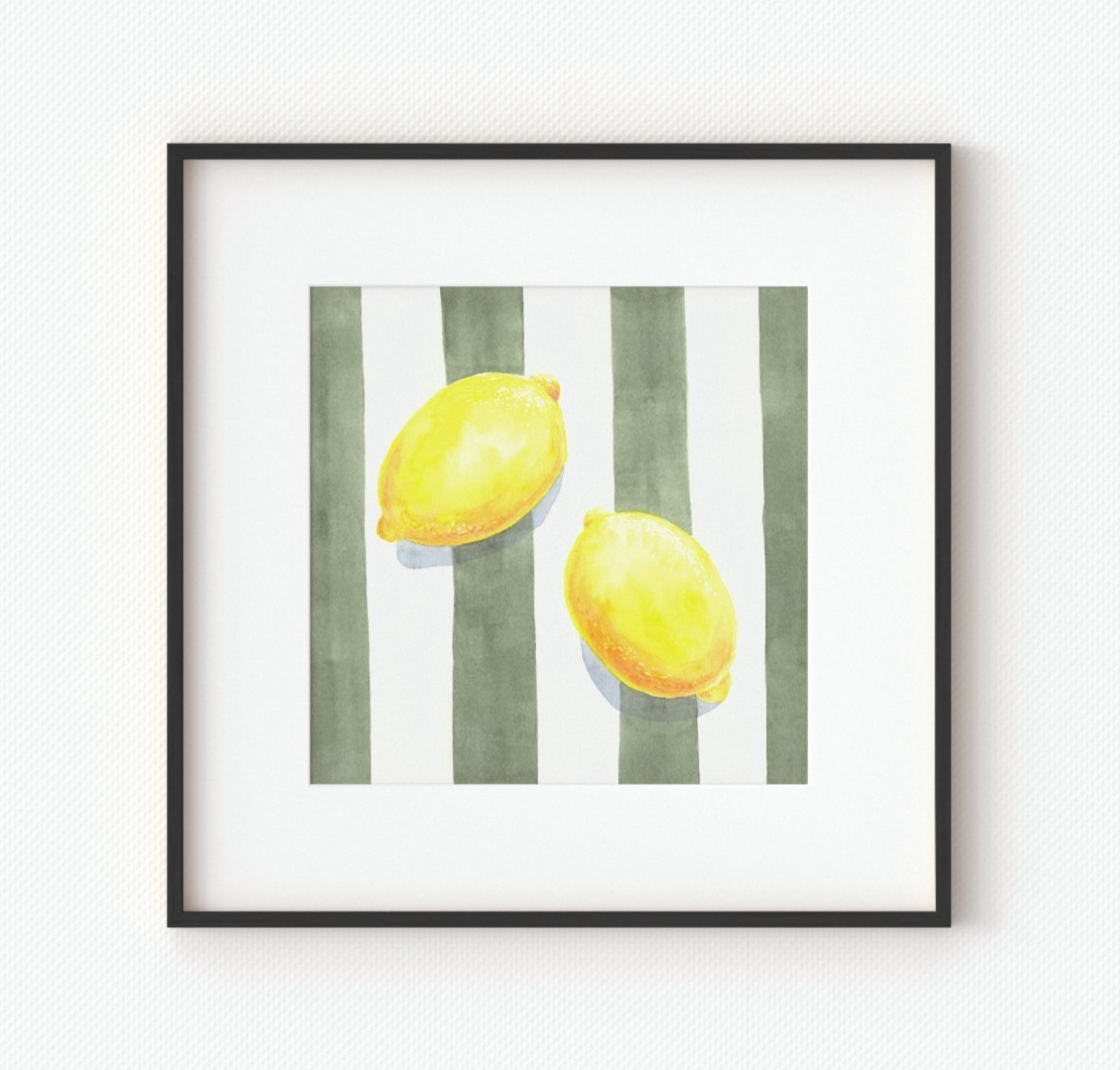 Lemon Watercolor Painting Original Signed 12×12 Ready to Frame Kitchen Decor