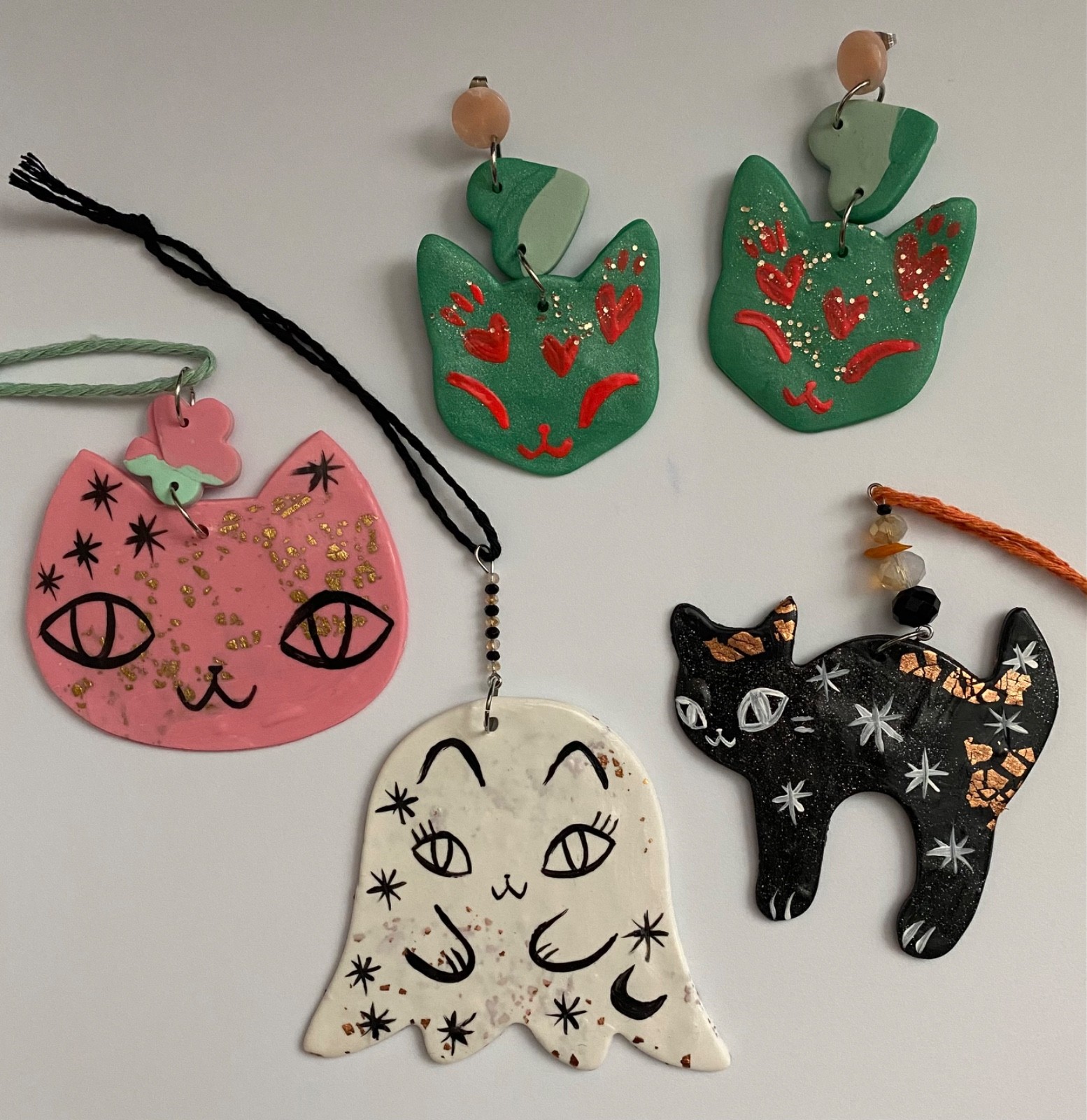 Hand Made Cat Ornaments by Bunny Dee – Set of 4 Black, Pink, Green & Ghost Cat