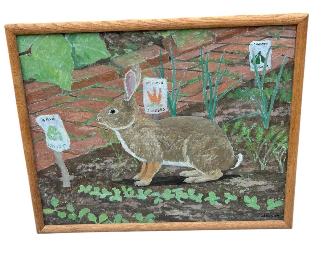 VTG Folk Primitive Painting Art Cottontail In The Garden Signed ‘04 22×26.5”