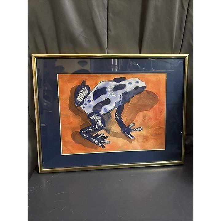 Original Watercolor Painting Frog Matted & Framed Under Glass Vintage 16×12”
