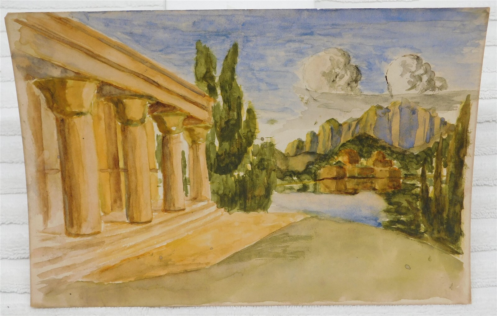 Original Watercolor Painting of Landscape with Greek Columns 6 x 9 Inches