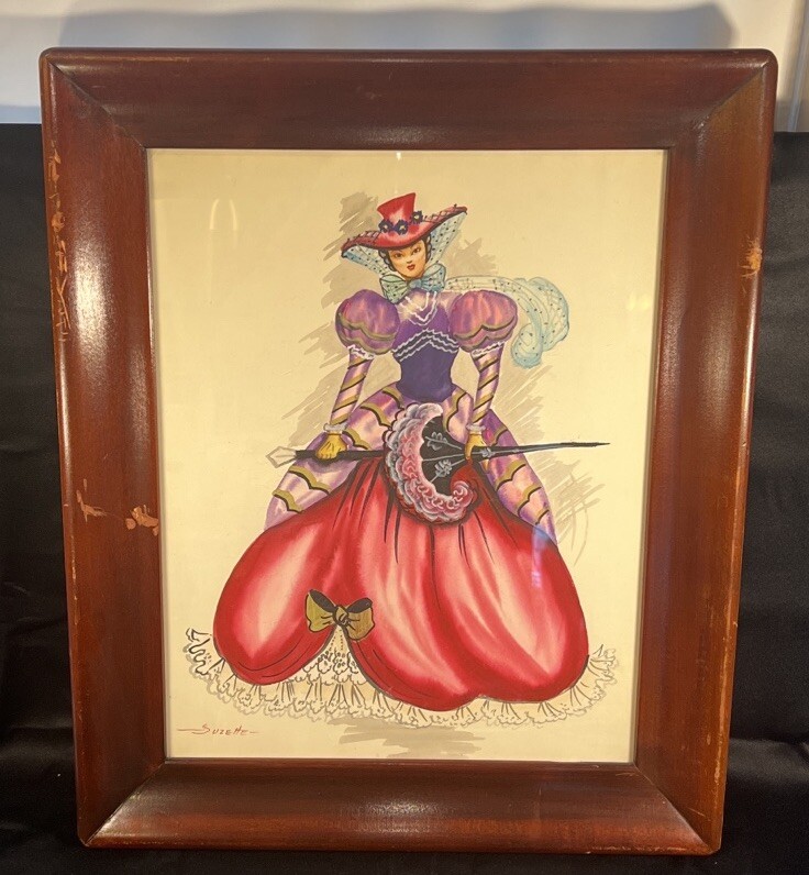 VTG Original Watercolor painting Theatre costume design dress signed SUZETTE
