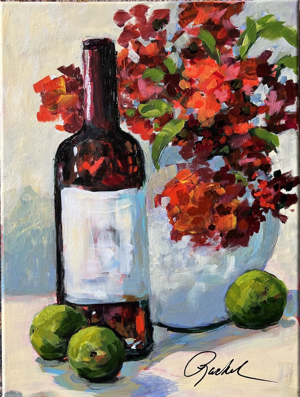 12×16 Original Painting Of Wine Bottle And Red Flowers And Limes Signed