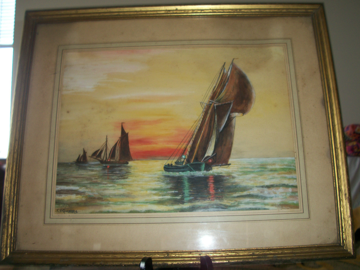 VINTAGE MARITIME NAUTICAL SEASCAPE SAILBOATS SIGNED BY E B CONNERS ART PAINTING