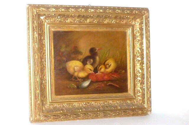 Old Oil Painting C.Gebhardt 1879 Painter Still Life Chick Ducks Picture Animals