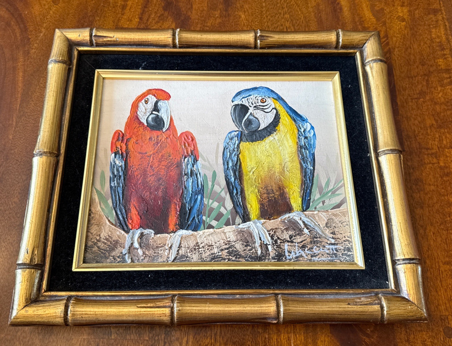 Frank Walcutt Original Oil Painting Art 2 Parrots Birds Gold Black 12×14 Framed