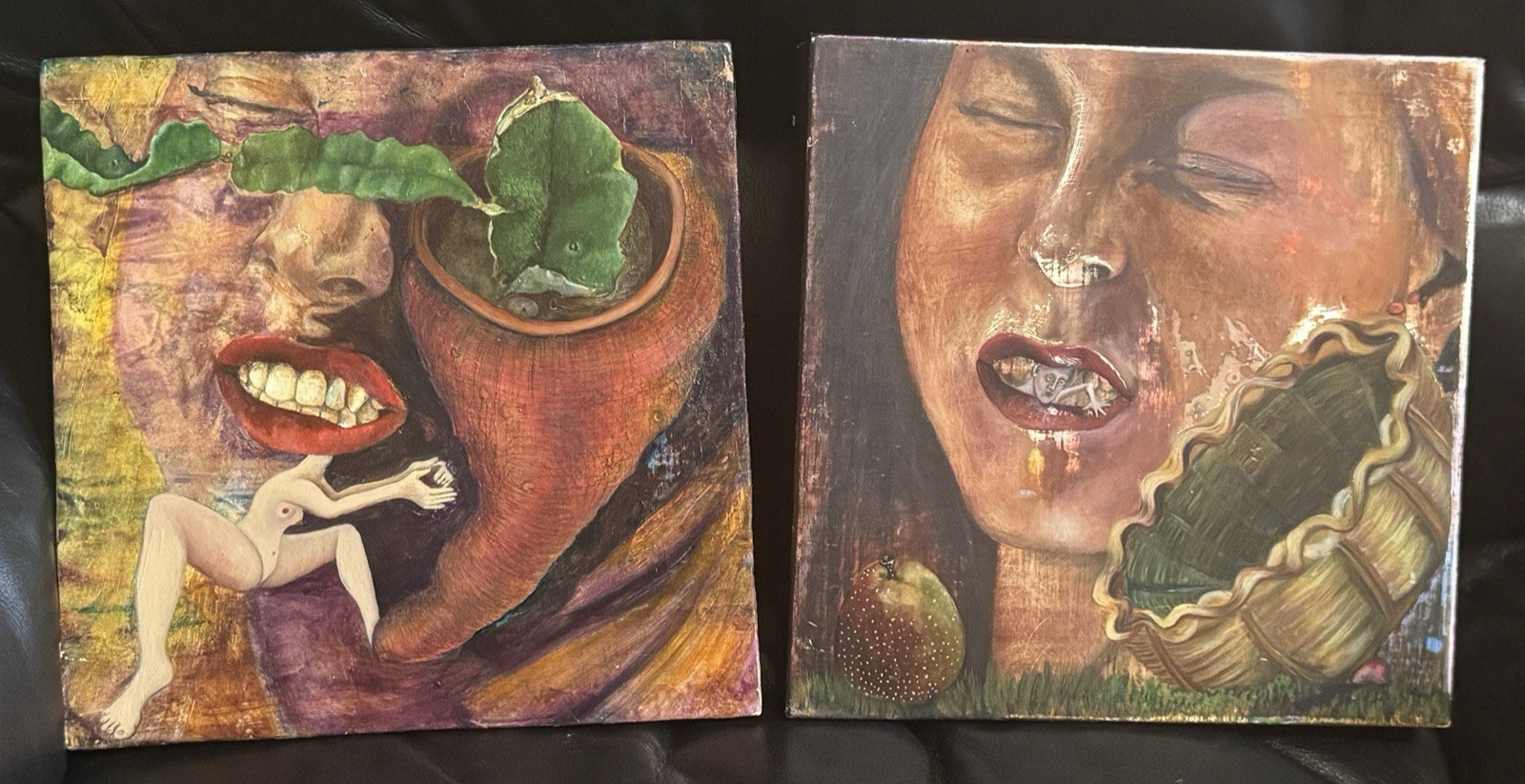 2 Surreal Psychedelic Oil Paintings, Wood by Lori Hanson-Perko Visionary Work 92