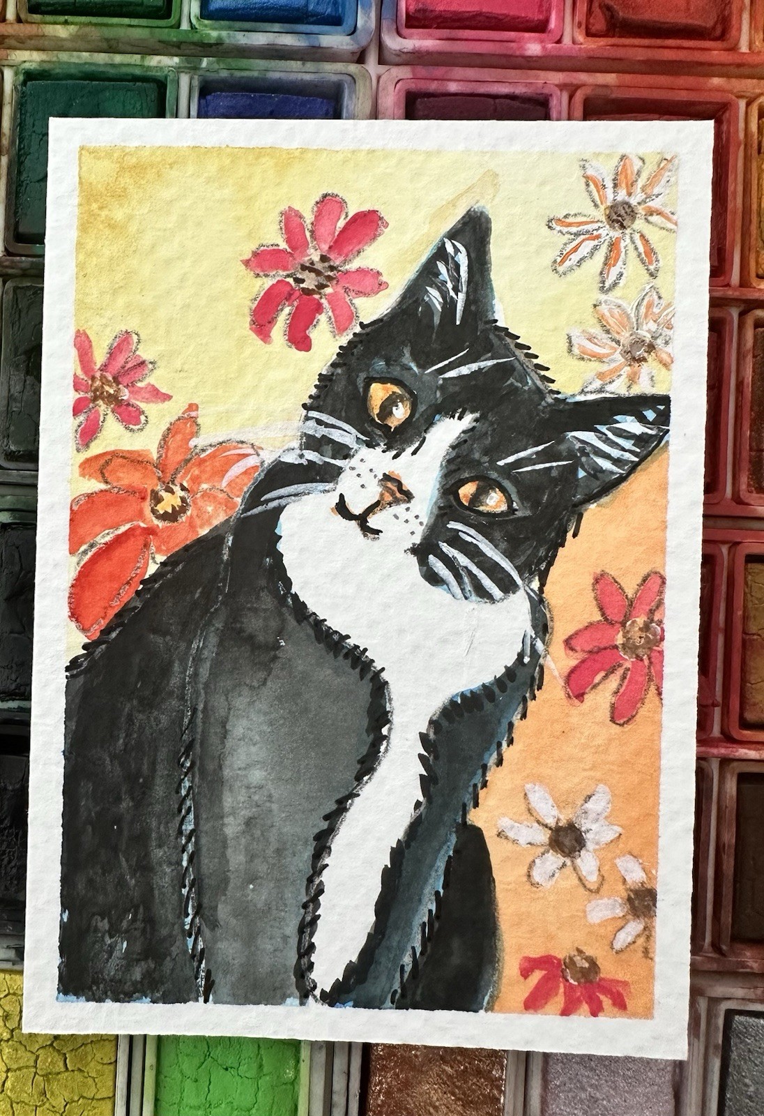 ACEO Original Watercolor Tuxedo Cat With Flowers Signed 2.5 X3.5