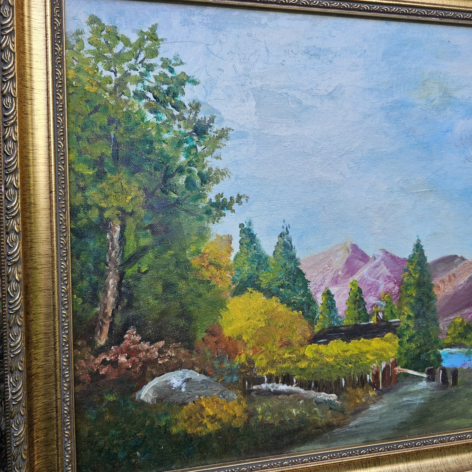 Framed Mountain Lake Oil Painting Impressionist Landscape Cabin Artwork
