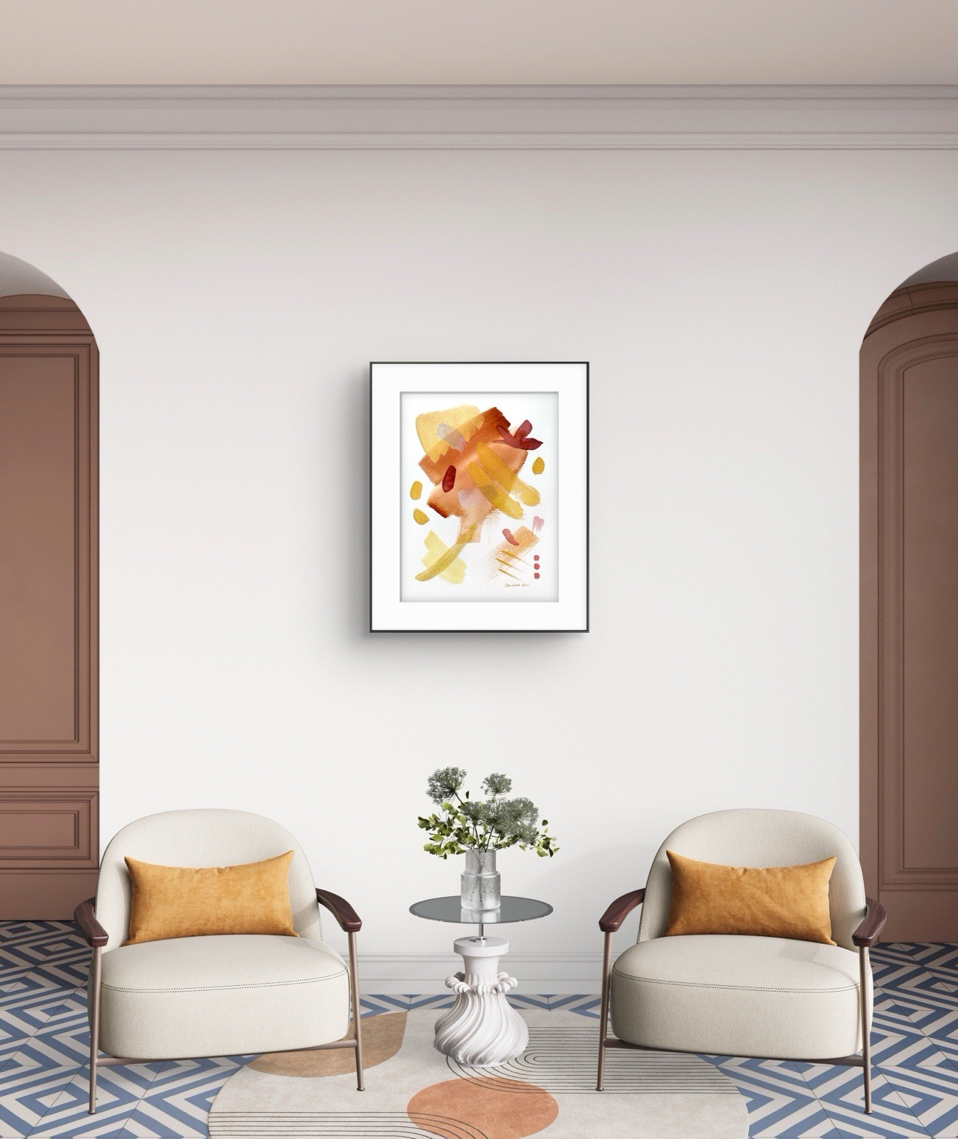 Original Abstract Watercolor Painting 12 x 9 Gold Orange Art Home Decor