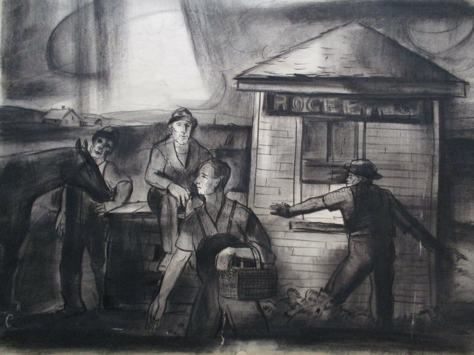 Antique Drawing American Regionalism Ashcan Wpa Horse Farm Workers Original 1930