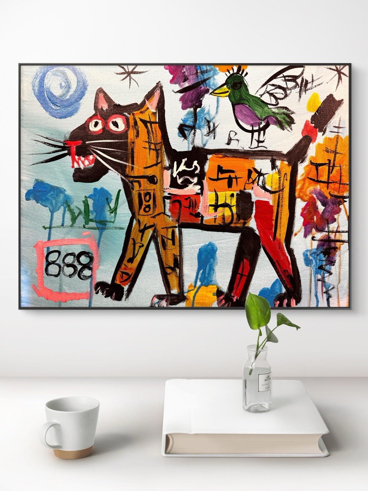 SAMATOWIC Original Abstract Basquat Cat 12×16 Colorful Signed Fine Art 543